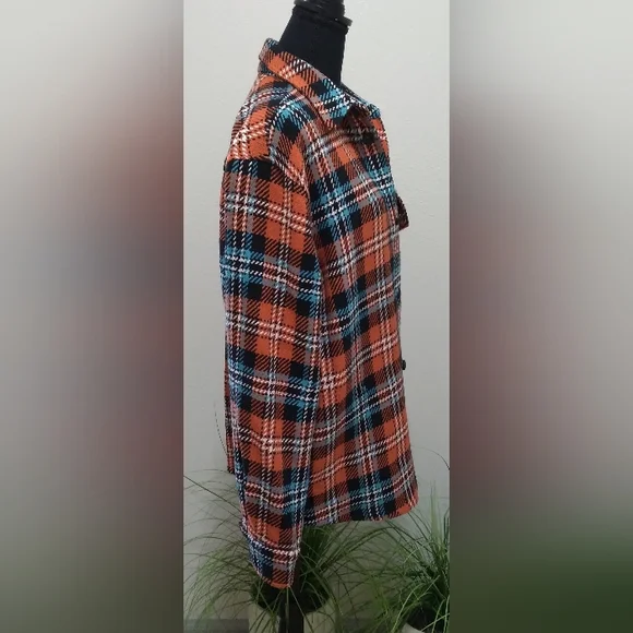 ZARA Men's Orange/Black Plaid Print Knit Long Sleeve Button Down Flannel-Size M - Picture 9 of 11